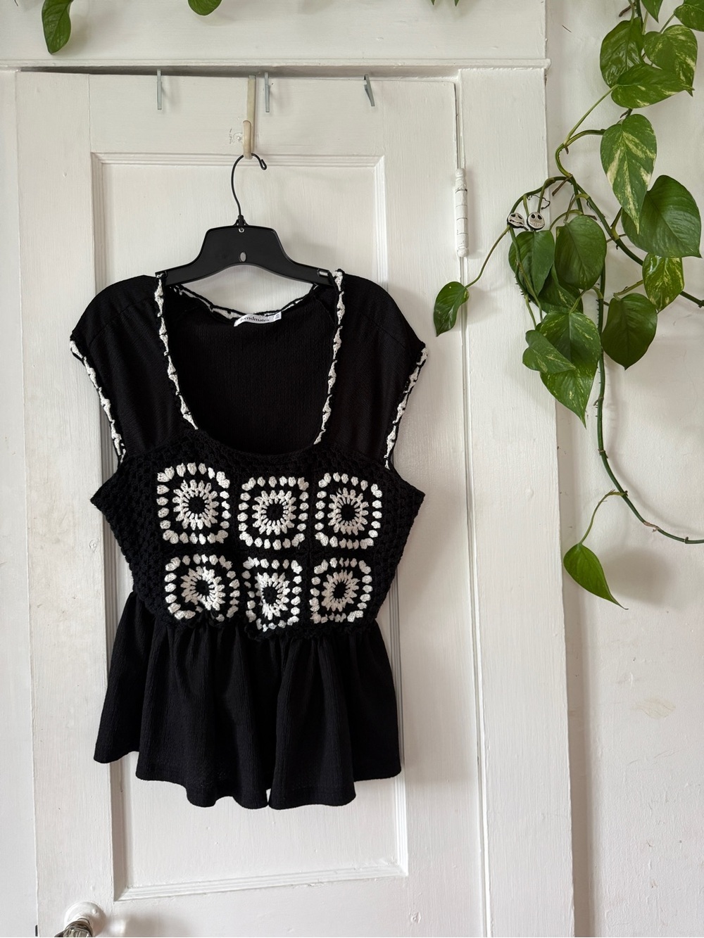 TRENDMATES Black Crochet-Paneled Peplum Camisole Top